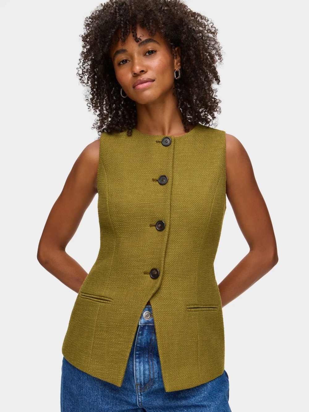 NWT Leo Long Boucle Waistcoat Sleeveless Olive Green Vest | 0